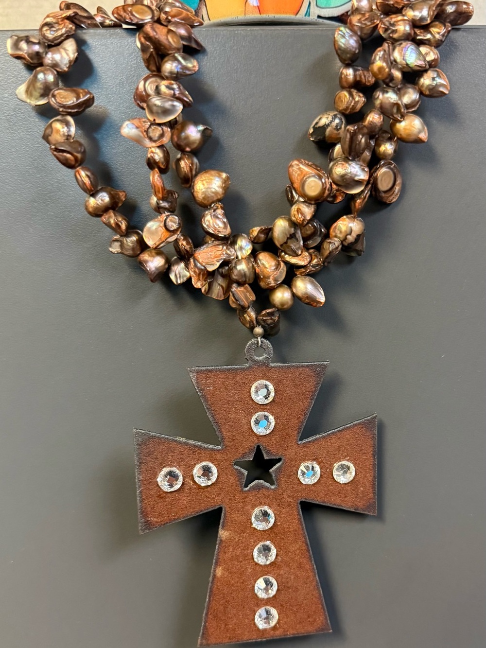 Handmade Brown Metal Cross Pendant Necklace with Beaded Strand